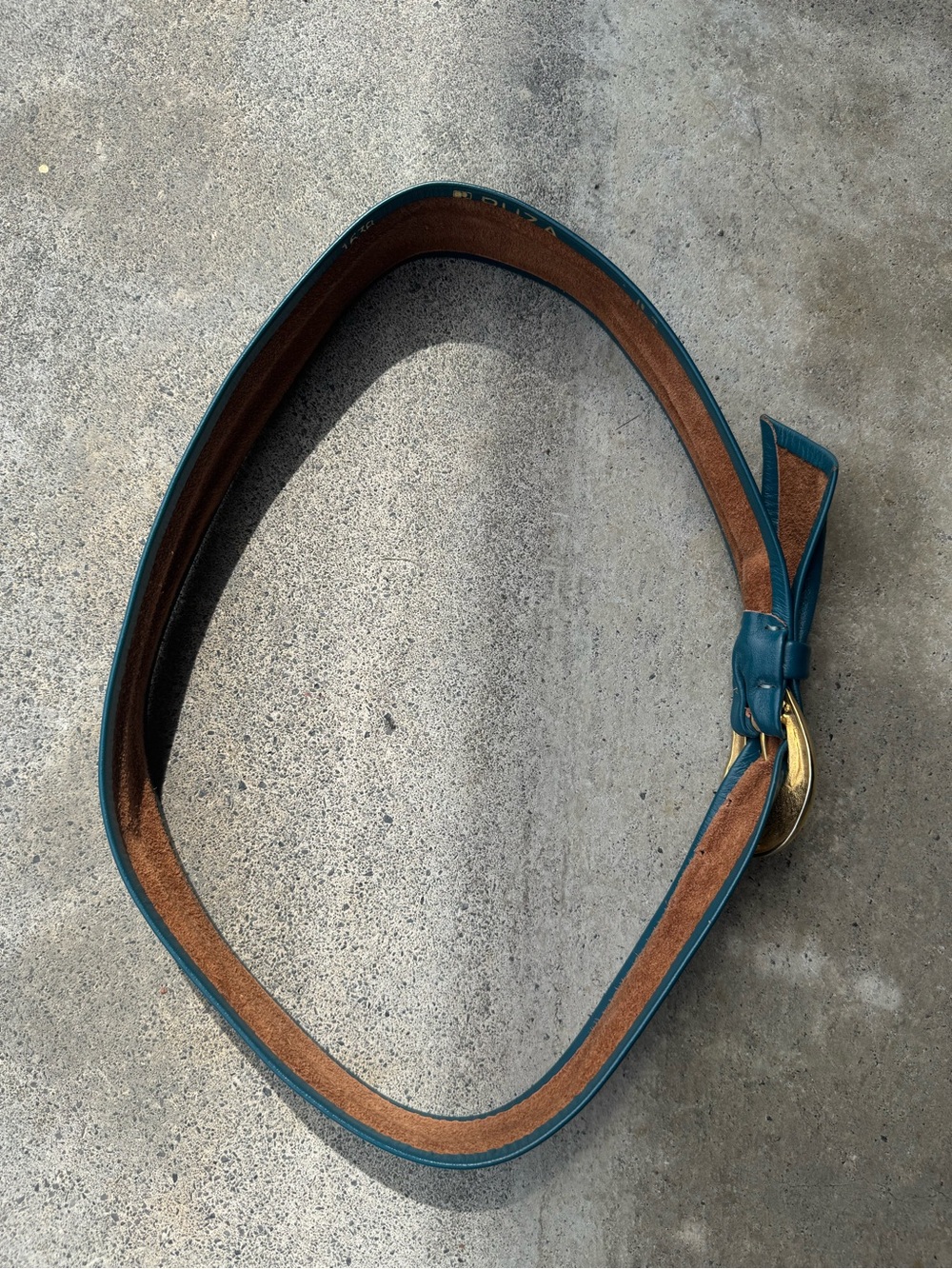 Vintage Teal Leather Belt with Gold Sculptural Buckle 80s 90s - Picture 12 of 16